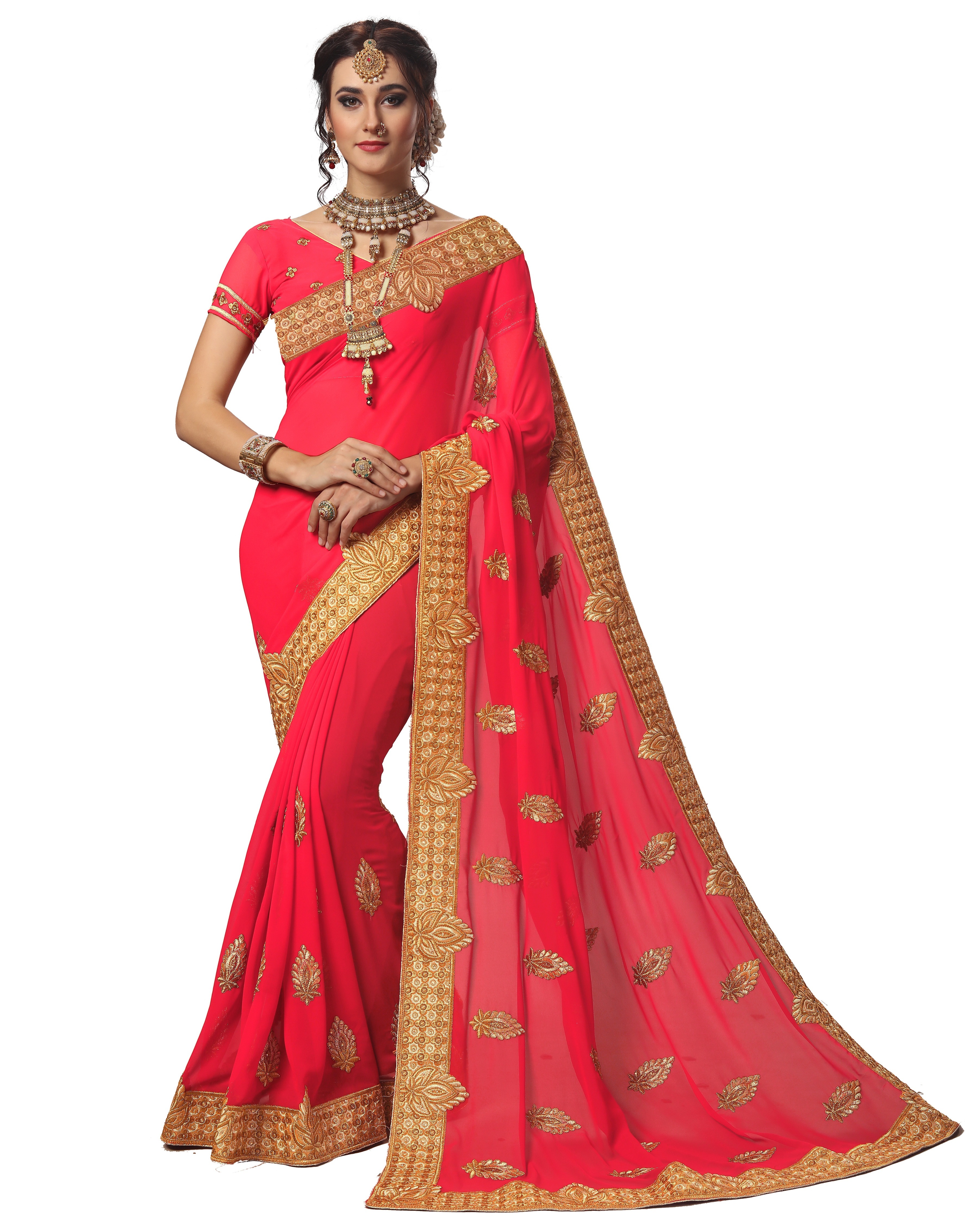 Green Geometric Embroidered Georgette Saree Collection