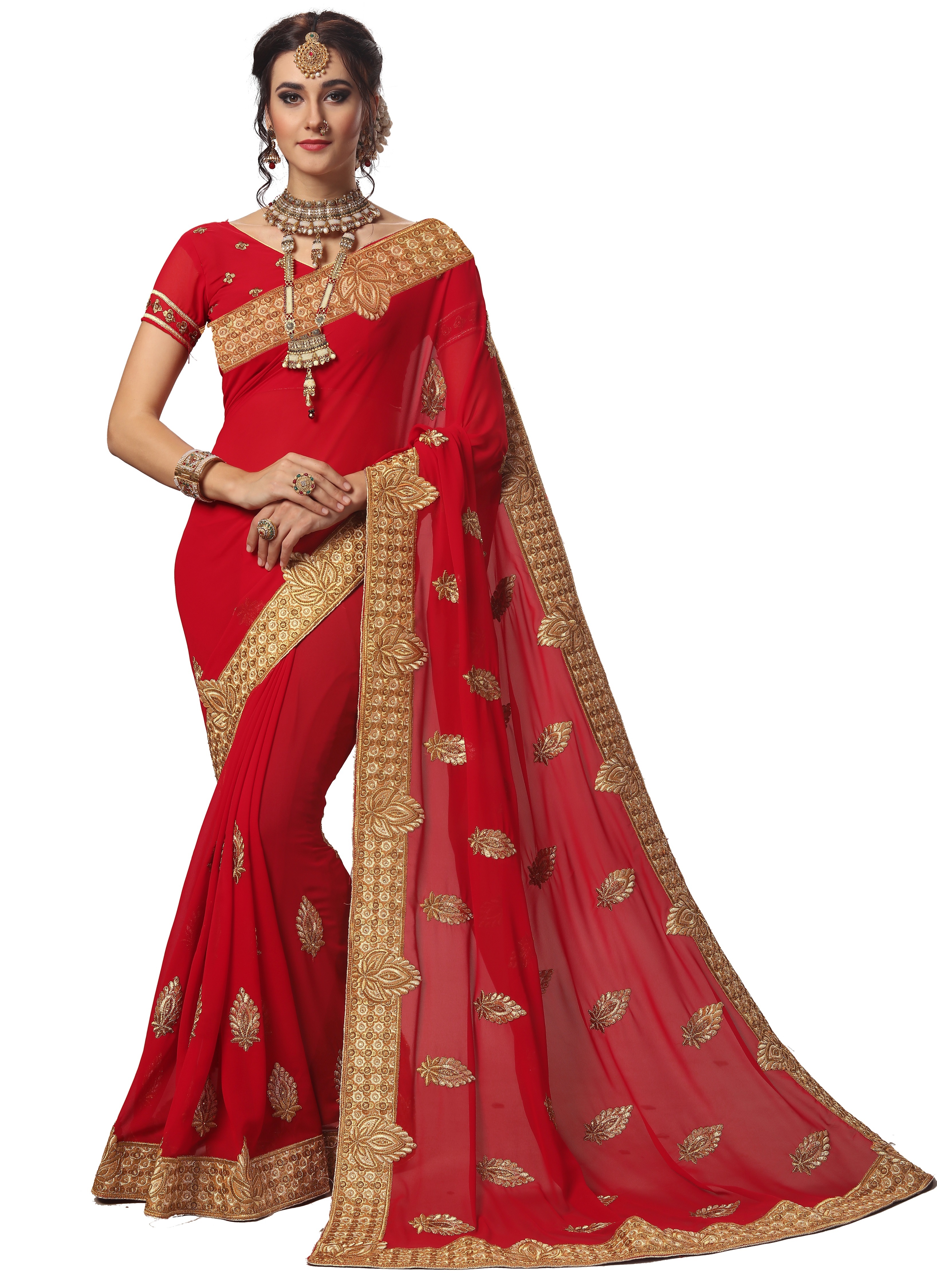 Green Geometric Embroidered Georgette Saree Collection