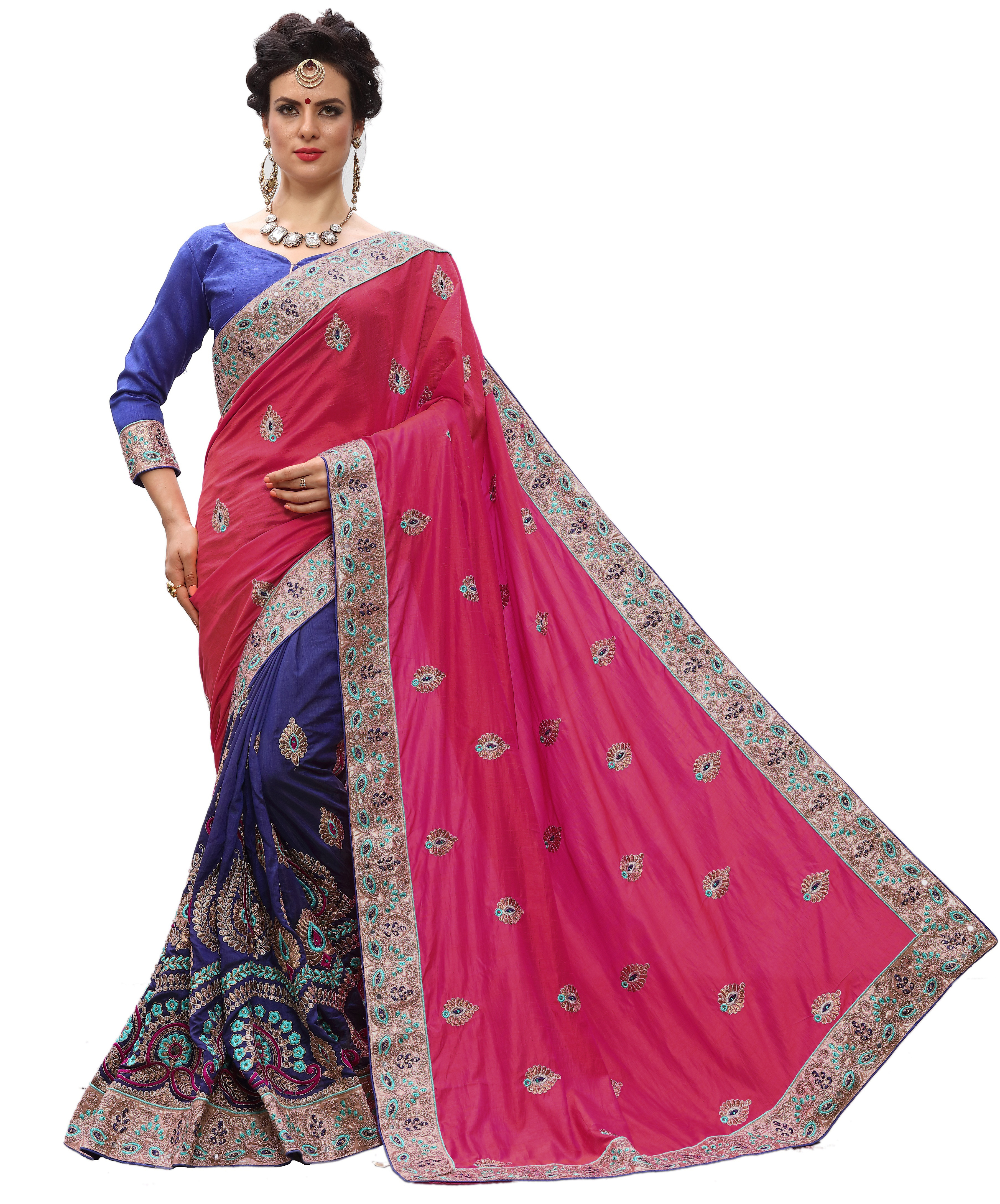 Orange And Blue And Red Parrot And Pink Traditional Embroidered Saree Collection