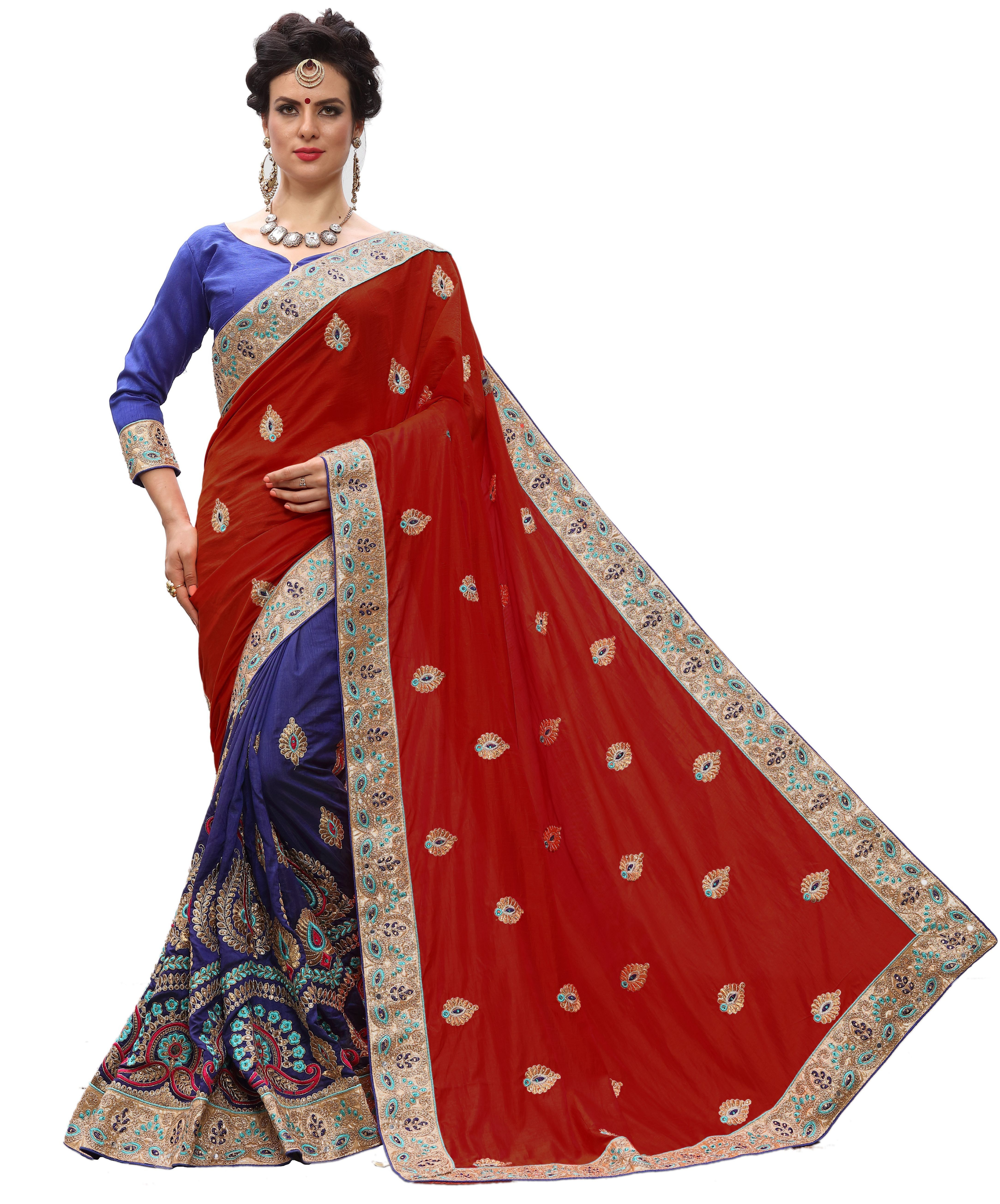 Orange And Blue And Red Parrot And Pink Traditional Embroidered Saree Collection