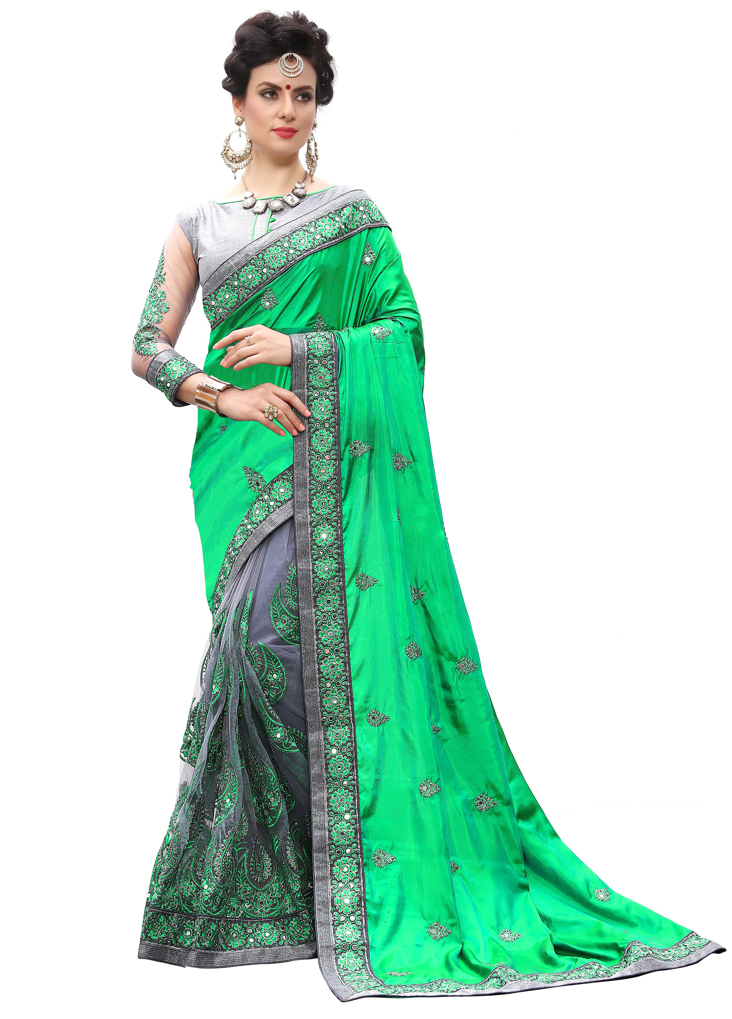 Red And Grey Designer Embroidered Lycra Saree Collection