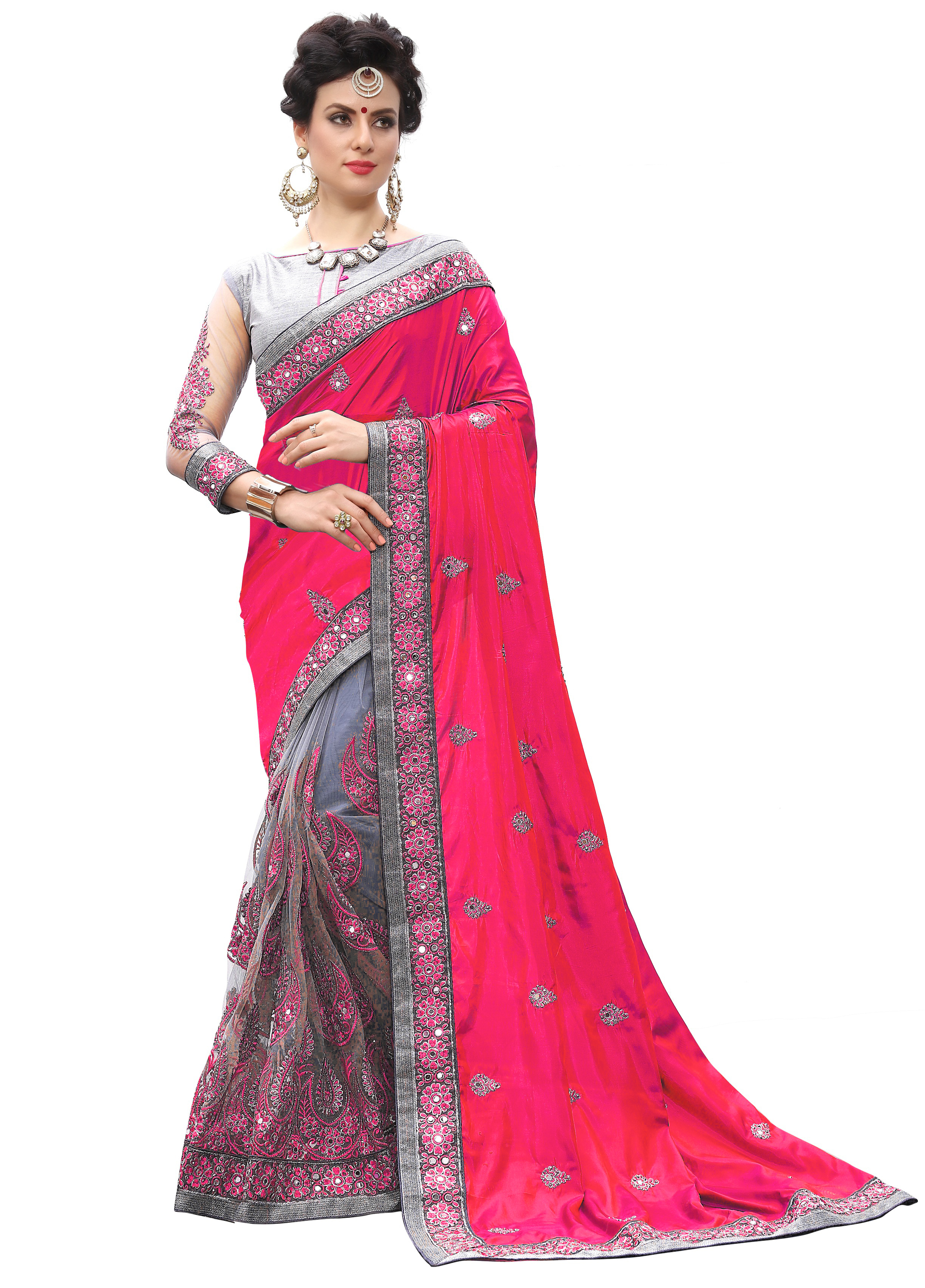 Red And Grey Designer Embroidered Lycra Saree Collection