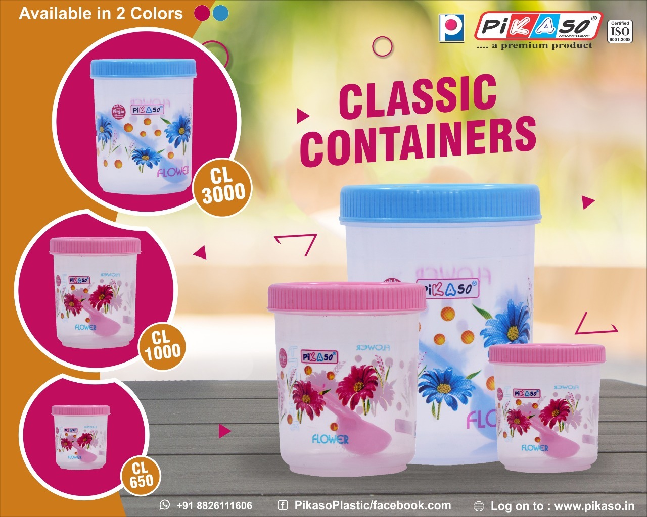 Classic Container 1000 (3 Pc Set) - Polypropylene, 110x110x125mm, Pink & Blue | Eco-friendly, Food Container, Nontoxic, Heat Resistant, Round Shape