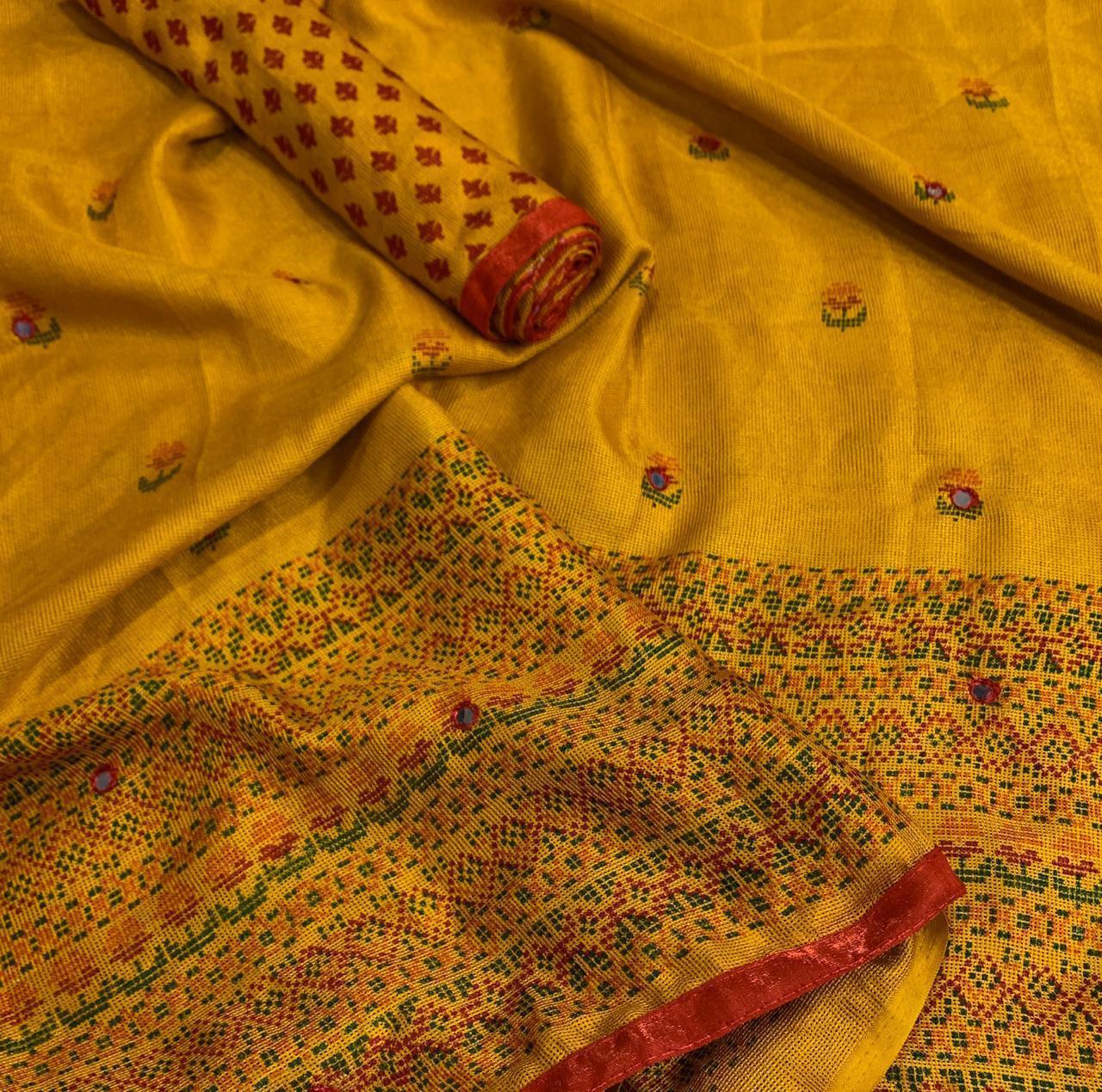 Linen Jute Saree - Cotton Silk Fabric, Traditional Occasion With Exquisite Mirror Work