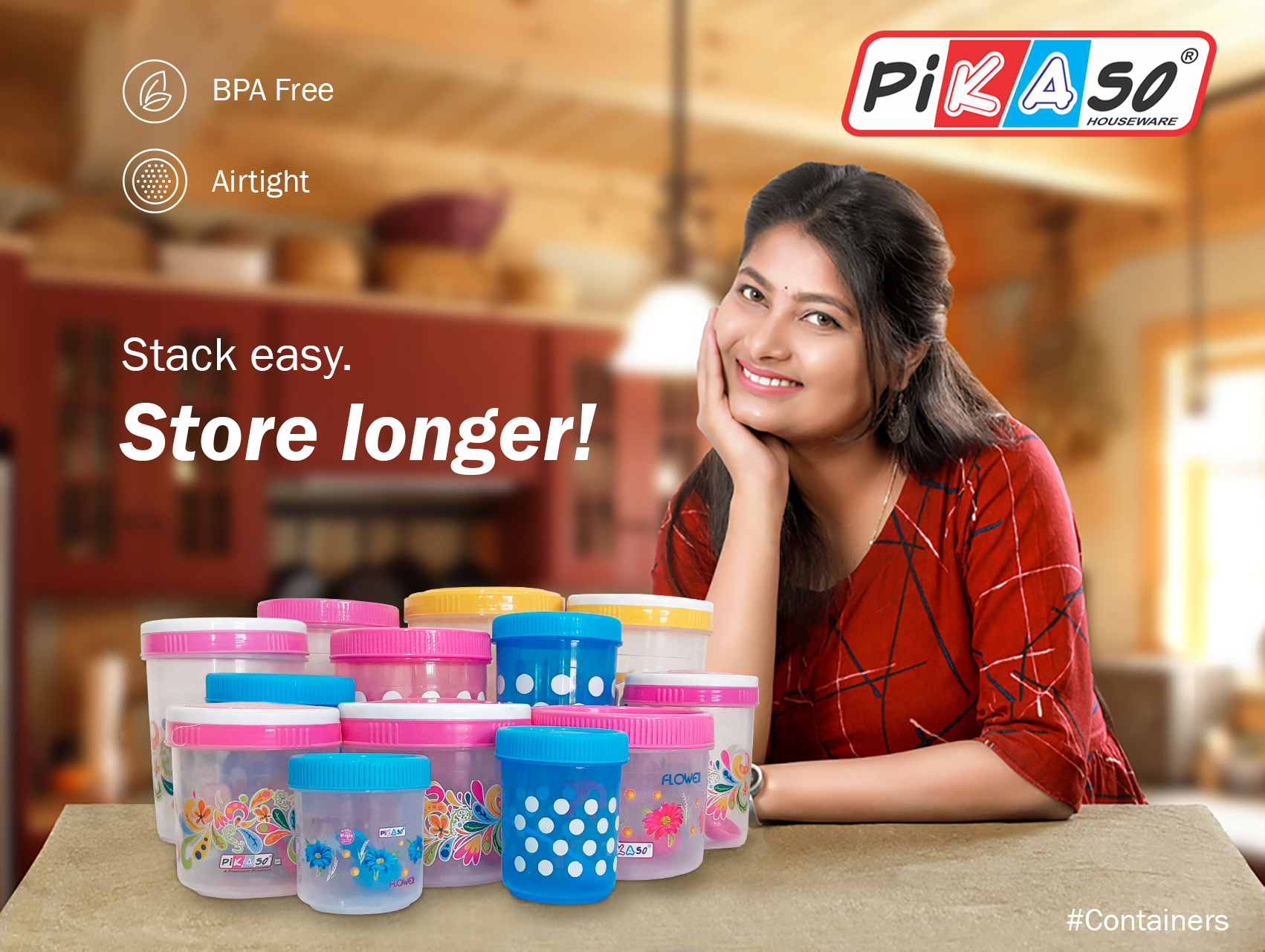 Polka 1350 Container (3 Pc Set) - Polypropylene, 125x125x140 Mm, Pink & Blue | Leak Proof, Air Tight, Food Container, Healthy & Non-toxic