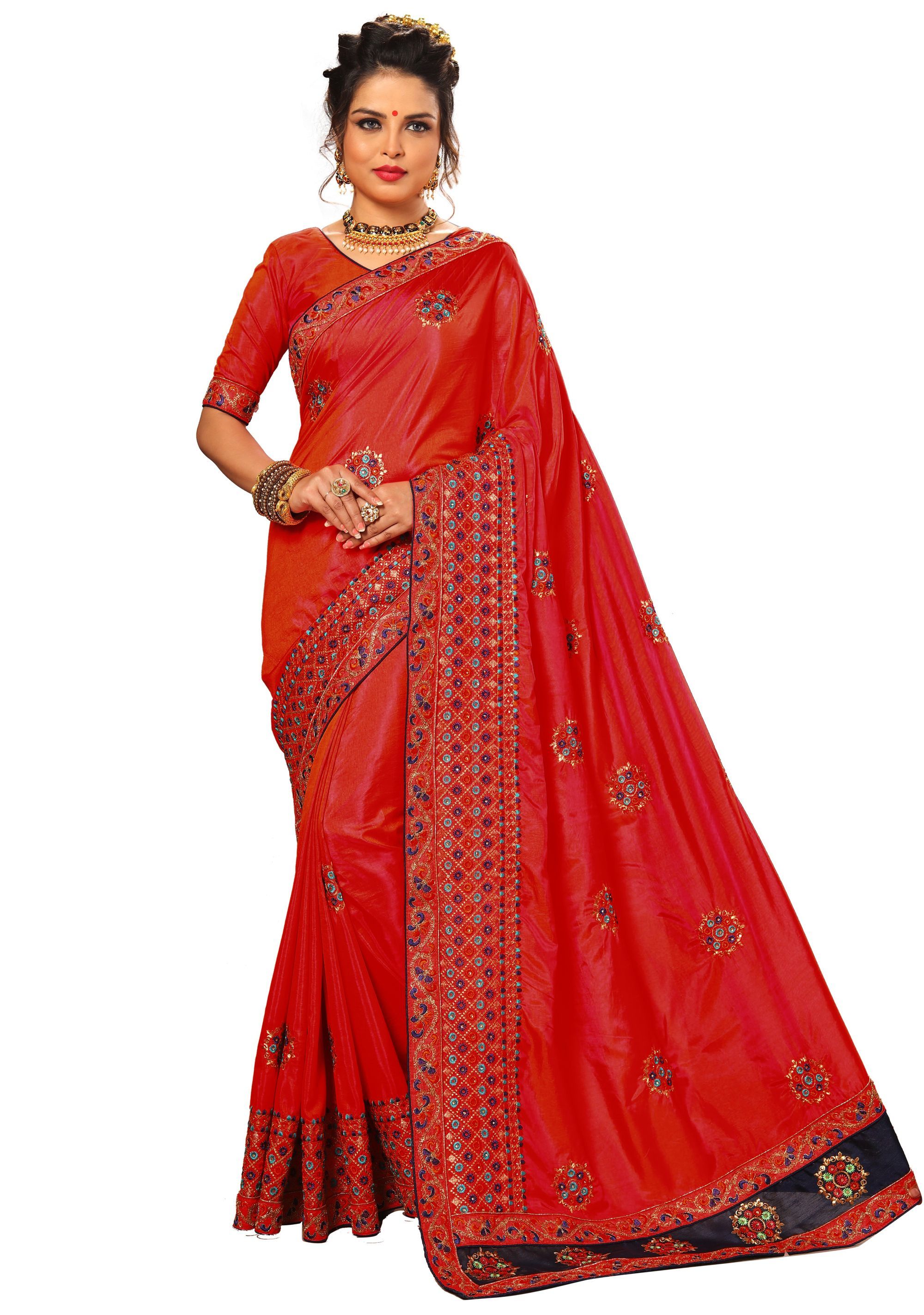 Peach And Golden And Green And Red Kacchi Embroidery Border With Mirror Work Saree Collection