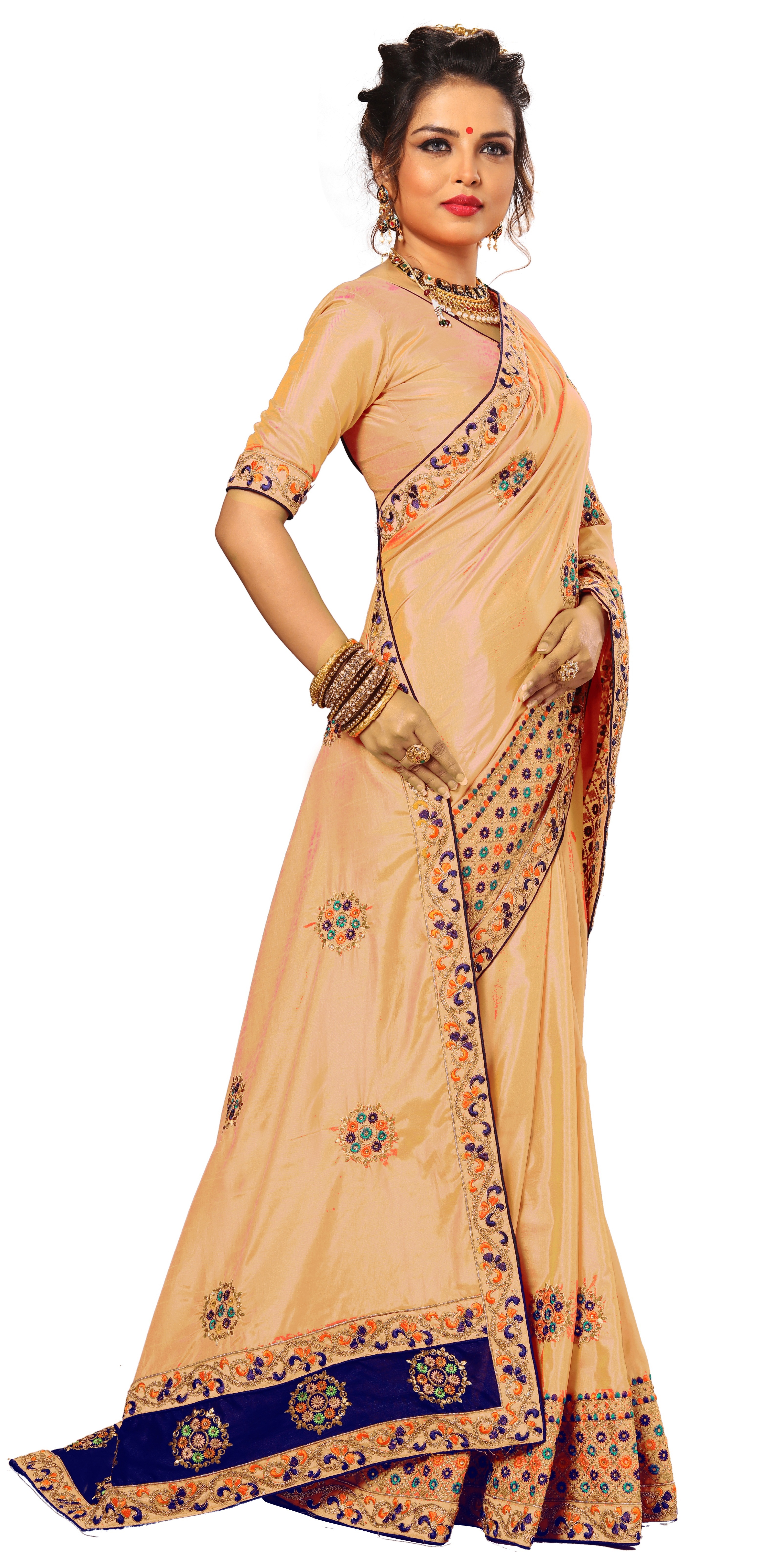 Peach And Golden And Green And Red Kacchi Embroidery Border With Mirror Work Saree Collection