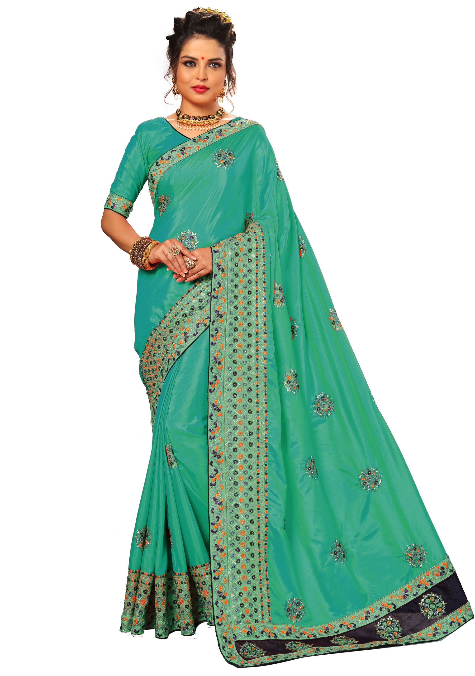 Peach And Golden And Green And Red Kacchi Embroidery Border With Mirror Work Saree Collection