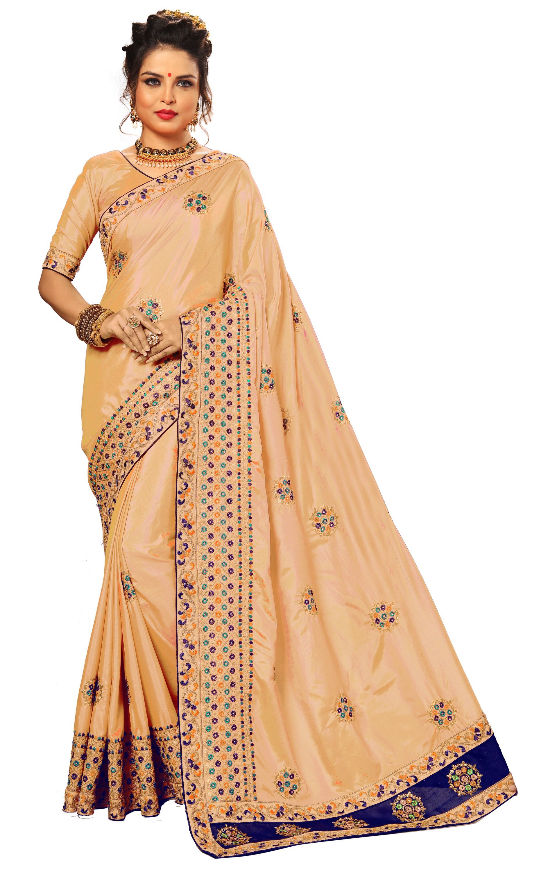 Peach And Golden And Green And Red Kacchi Embroidery Border With Mirror Work Saree Collection
