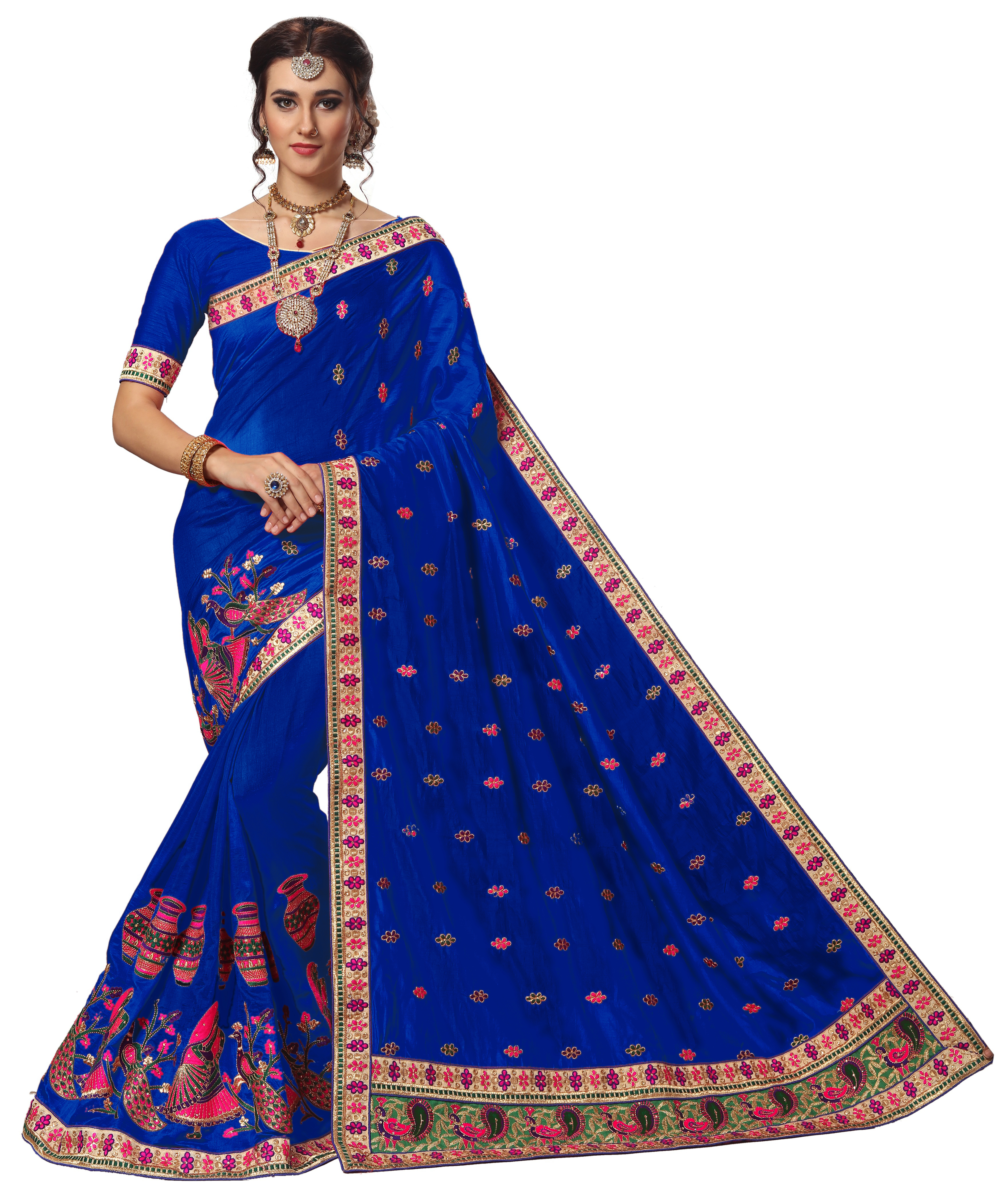 Fancy Silk Embroidered Saree - Royal Blue Silk, 5.50 Mtr Length, 0.80 Mtr Blouse | Heavy Resam Embroidery, Ideal For Festive, Party & Wedding Occasions