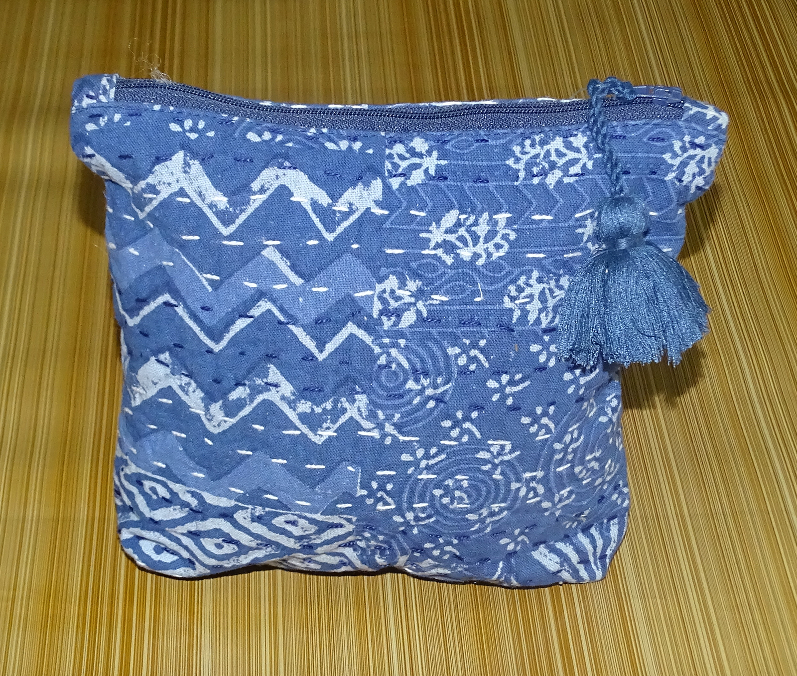 New Indigo Dari Pouch - 100% Cotton, 10x12 Inches, Blue | Zipper Closure, Square Shape, Printed Design, Customizable For Women