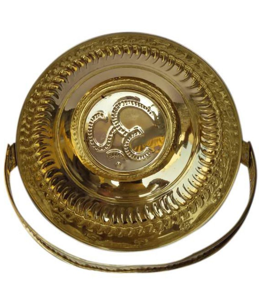 Brass Basket - 8 Inch Round, Gold Vintage Home Decor | Elegant Pedestal Base, Folding Handle, Decorative Side Cut Outs