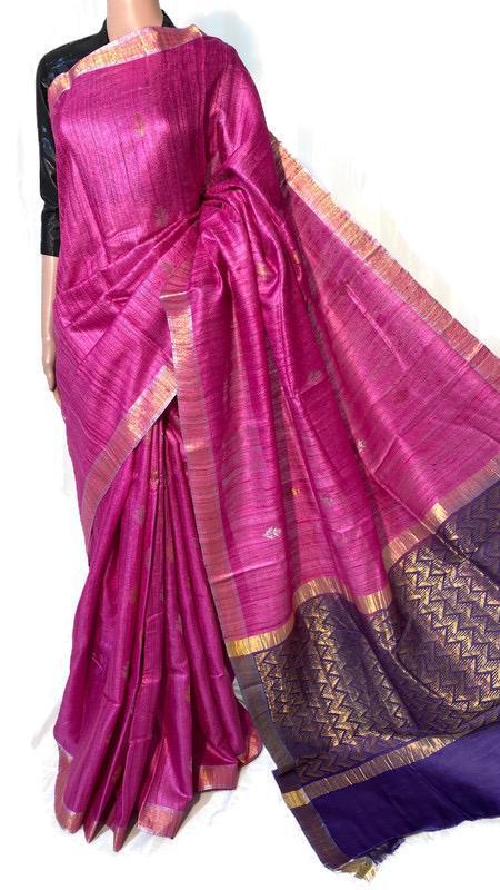 Pure Gheecha Tussar Silk Handloom All Over Boota Woven Jala Pallu Saree - Silk Material, Traditional Occasion, Contrast Plain Blouse | Versatile For All Seasons: Rainy, Spring, Summer, Winter
