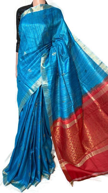 Pure Gheecha Tussar Silk Handloom All Over Boota Woven Jala Pallu Saree - Silk Material, Traditional Occasion, Contrast Plain Blouse | Versatile For All Seasons: Rainy, Spring, Summer, Winter