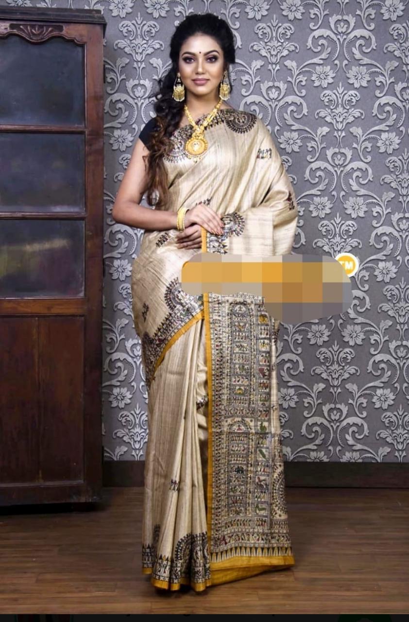 Tussar Gheecha Madhubani Printed Silk Saree - Silk Material, Traditional Style, Contrast Blouse | Suitable For Rainy, Spring, Summer, Winter Seasons