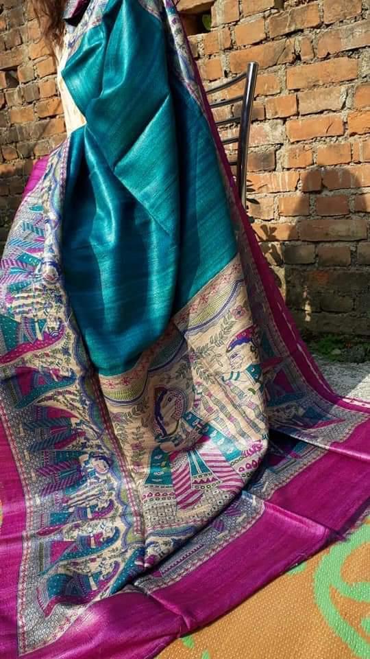 Tussar Gheecha Madhubani Printed Silk Saree - Silk Material, Traditional Style, Contrast Blouse | Suitable For Rainy, Spring, Summer, Winter Seasons