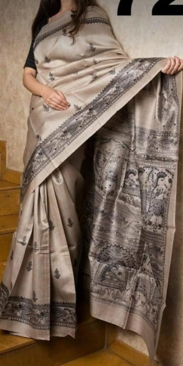 Tussar Gheecha Madhubani Printed Silk Saree - Silk Material, Traditional Style, Contrast Blouse | Suitable For Rainy, Spring, Summer, Winter Seasons