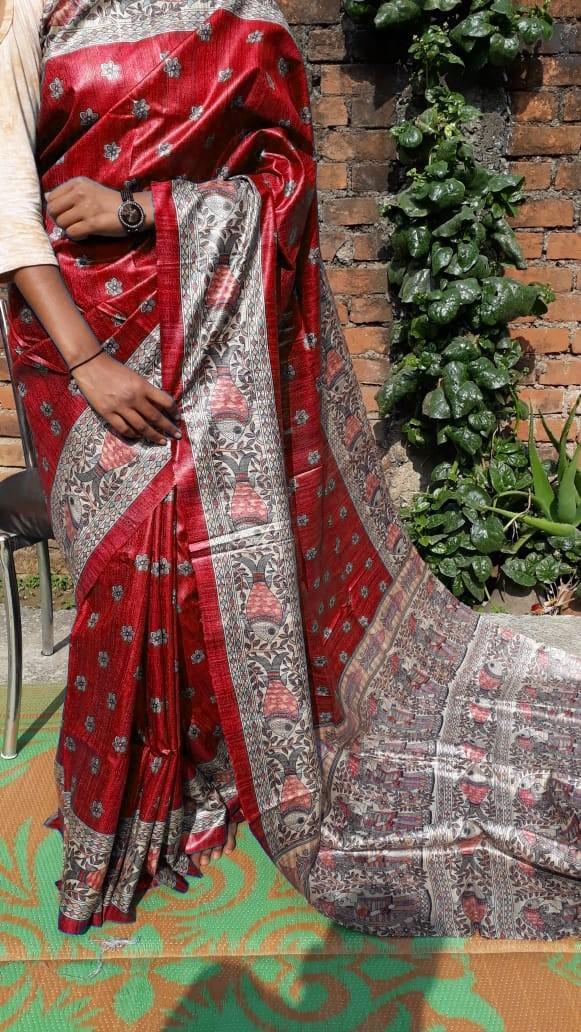 Tussar Gheecha Madhubani Printed Silk Saree - Silk Material, Traditional Style, Contrast Blouse | Suitable For Rainy, Spring, Summer, Winter Seasons