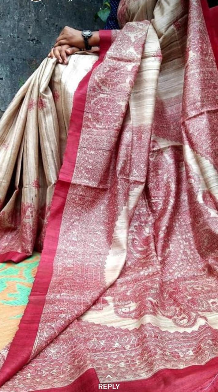 Tussar Gheecha Madhubani Printed Silk Saree - Silk Material, Traditional Style, Contrast Blouse | Suitable For Rainy, Spring, Summer, Winter Seasons