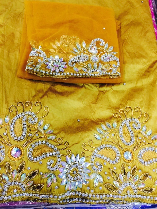 Luxury Beaded African Asobie Wedding Fabric Indian George Wrapper Bust Size: Free Size Yard
