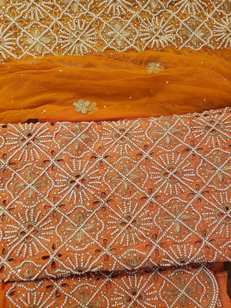Orange Taffeta Beaded Fabric - 5 Yards Wrapper, 1.5 Yards Blouse | Handcrafted With Intricate Stones, Customizable Colors, No Fade, Washable