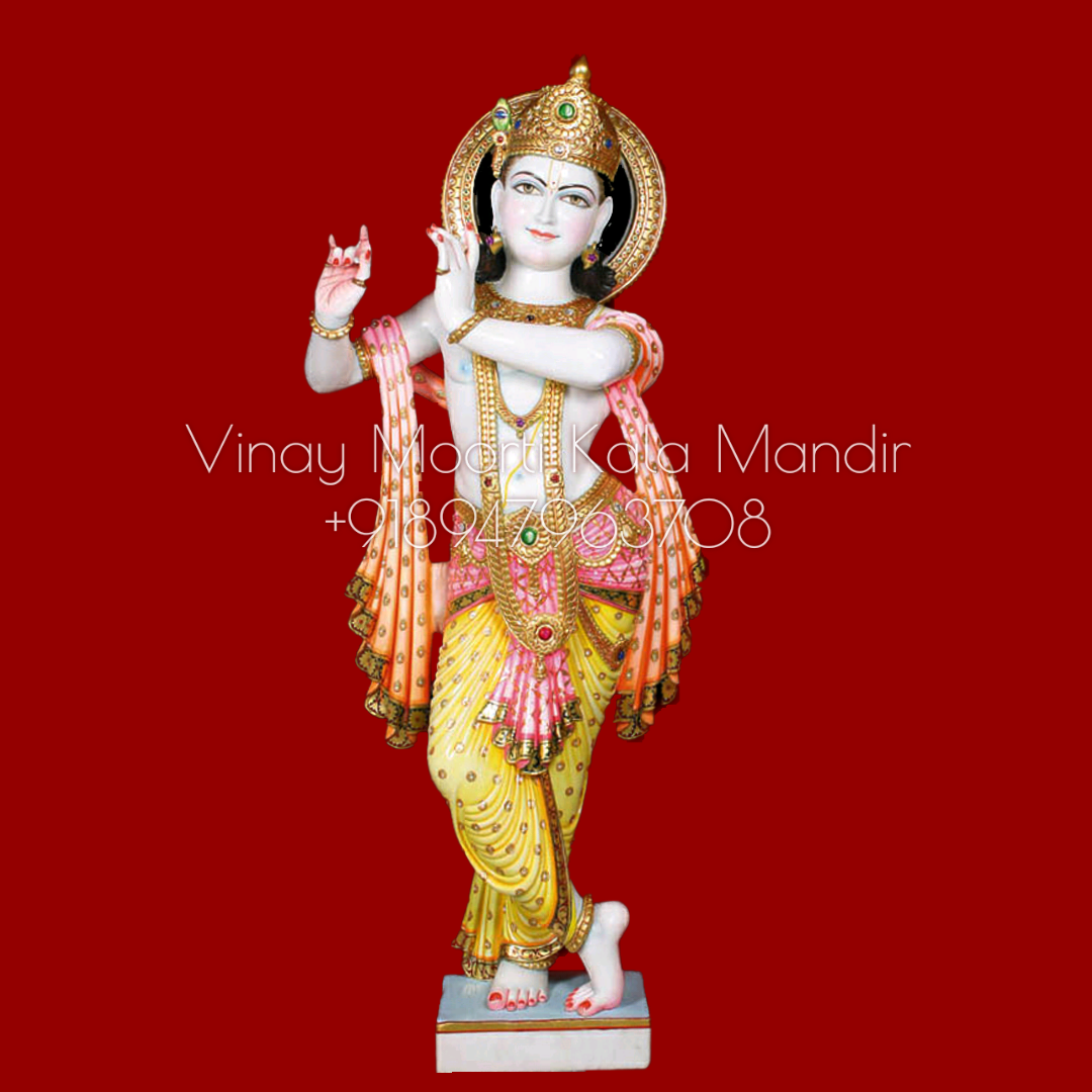 Carving Multicolor Marble Krishna Statue