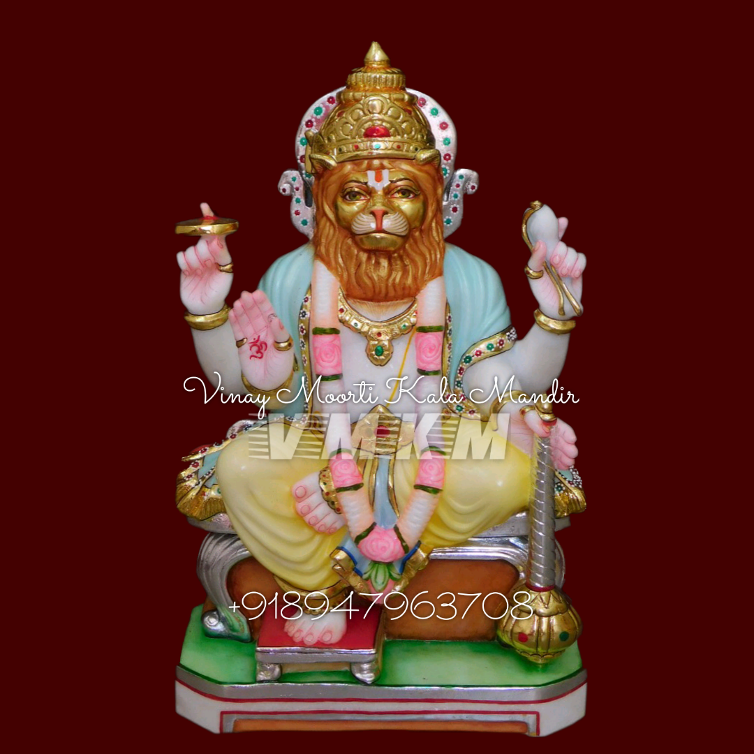 Marble Narsingh Bhagwan Statue - Makrana Marble, Multicolor Glossy Finish , Handmade Religious Art Piece With Durable And Washable Features