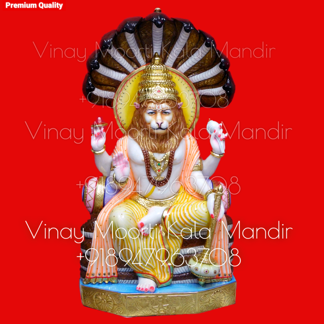 Marble Narsingh Bhagwan Statue - Makrana Marble, Multicolor Glossy Finish , Handmade Religious Art Piece With Durable And Washable Features