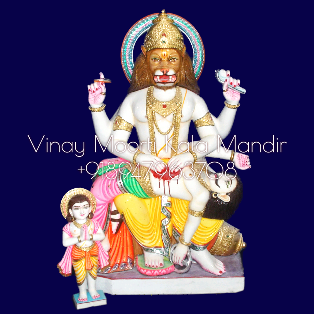Marble Narsingh Bhagwan Statue - Makrana Marble, Multicolor Glossy Finish , Handmade Religious Art Piece With Durable And Washable Features