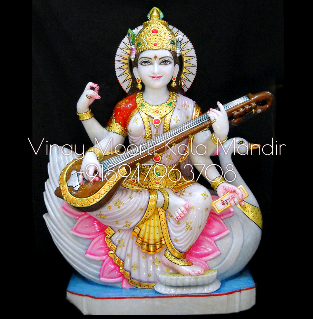 Carving Multicolor Marble Saraswati Statue