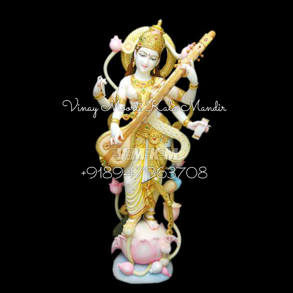 Carving Multicolor Marble Saraswati Statue