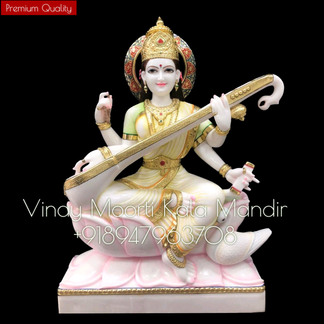 Carving Multicolor Marble Saraswati Statue