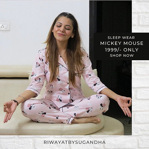 Ladies Night Suit - Cotton Material, Pink Color | Short Sleeves, Printed Mickey Mouse Design for Women