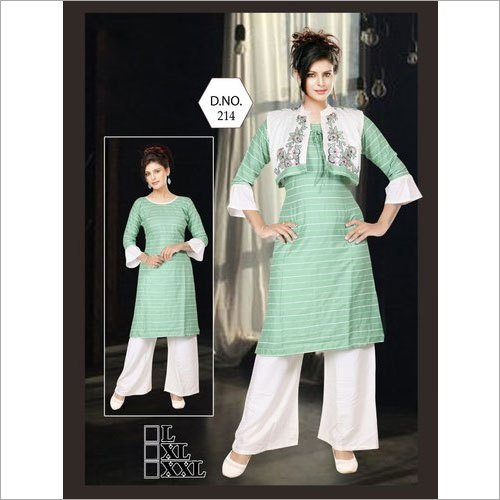 Ladies Cotton Kurti With Palazzo And Jacket - Cotton, Sizes: S, M, L, XL | Washable, Ideal for Parties, Elegant Design for All Seasons