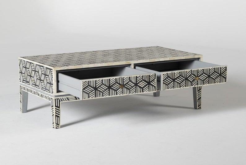 Bone Inlay Geometric Cubic Design Coffee Table In Black Color No Assembly Required