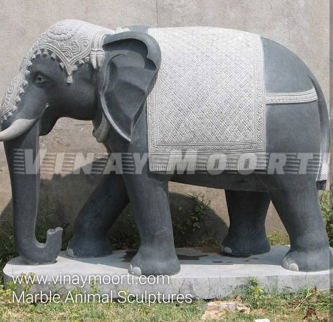 Black Marble Elephant Statue - Handmade Multicolor Marble & Sandstone, Glossy Finish | Religious Style, Packaged In Wooden Box