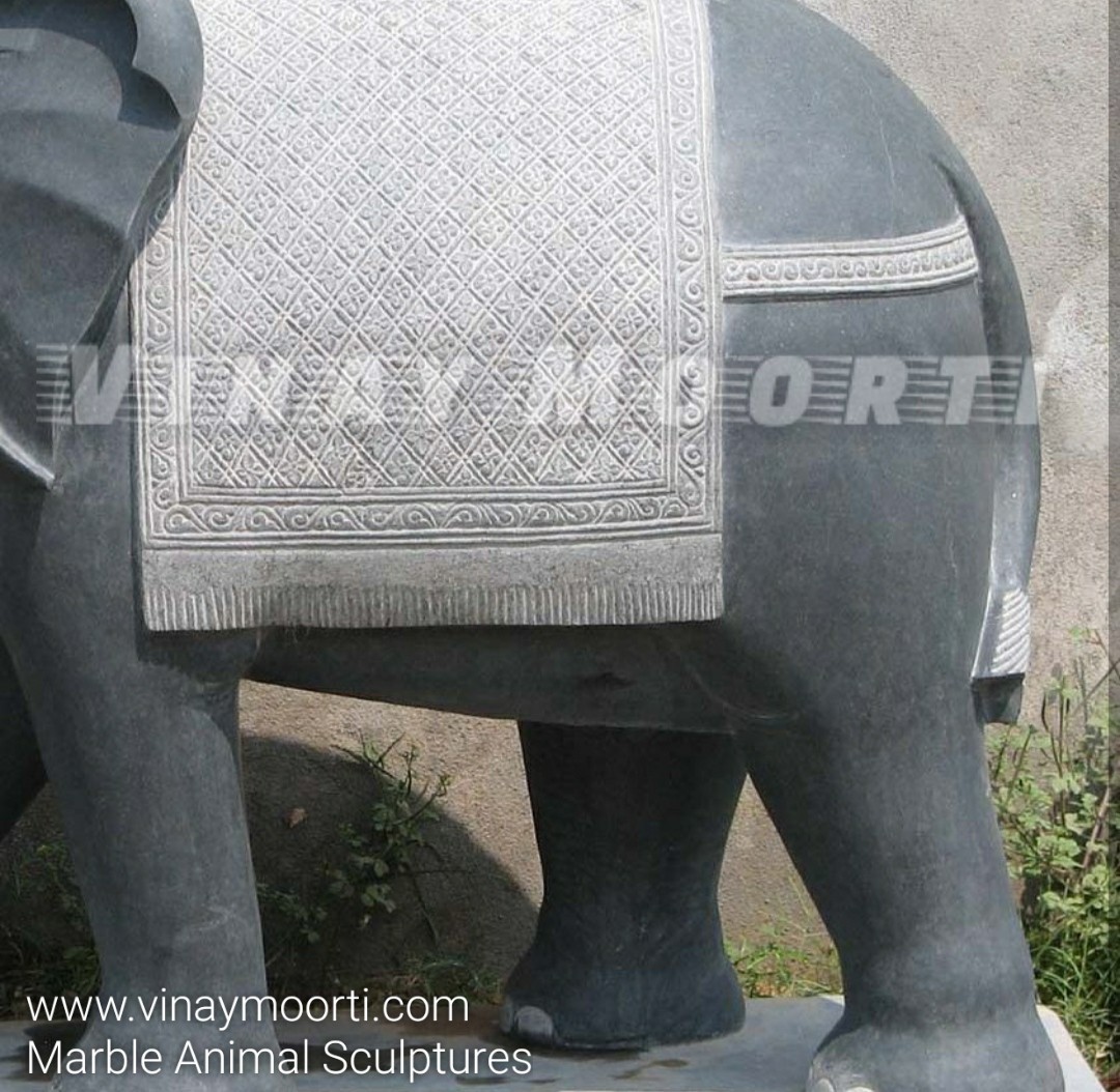 Black Marble Elephant Statue - Handmade Multicolor Marble & Sandstone, Glossy Finish | Religious Style, Packaged In Wooden Box