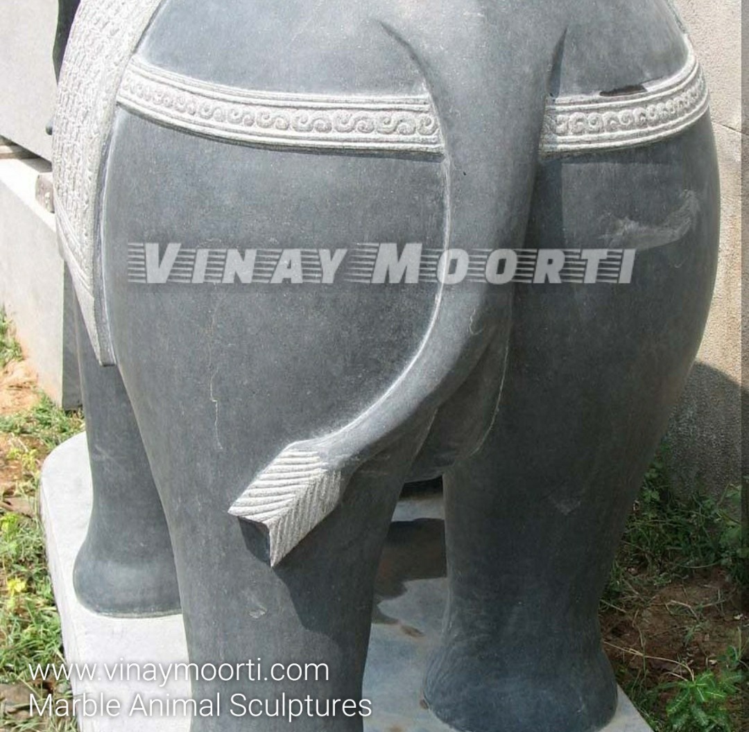 Black Marble Elephant Statue - Handmade Multicolor Marble & Sandstone, Glossy Finish | Religious Style, Packaged In Wooden Box
