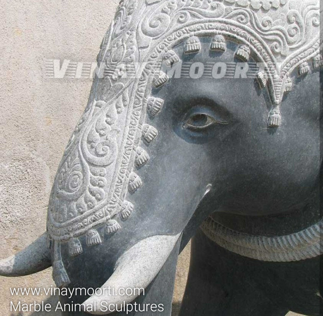 Black Marble Elephant Statue - Handmade Multicolor Marble & Sandstone, Glossy Finish | Religious Style, Packaged In Wooden Box