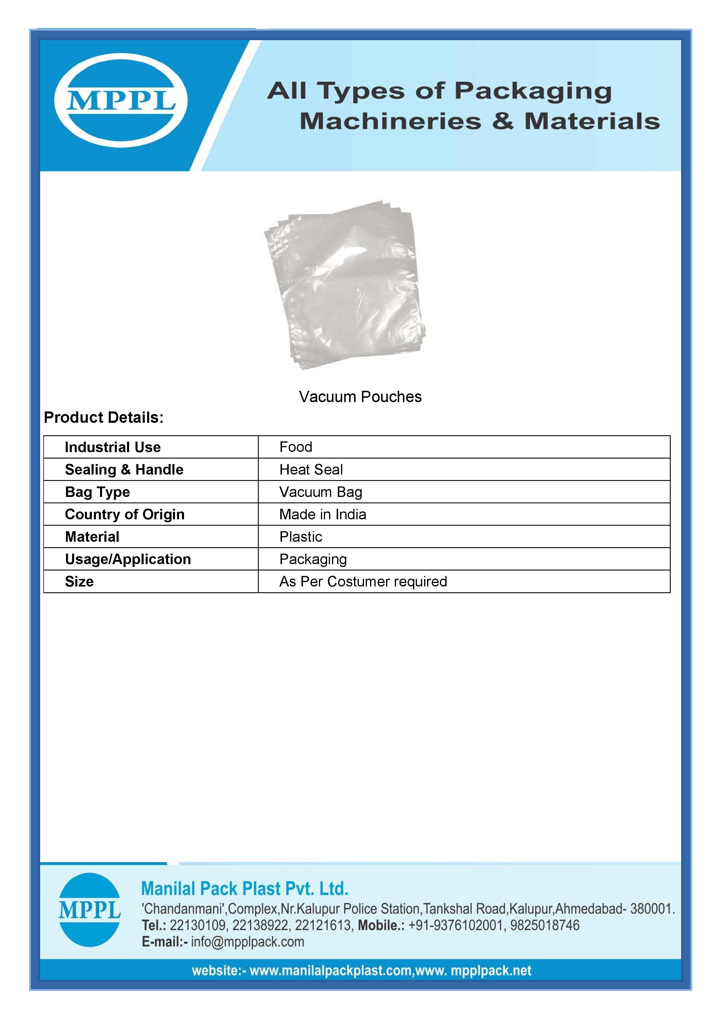 Vacuum Pouches - Premium Quality Plastic, Assorted Sizes , Ideal For Food Storage And Preservation