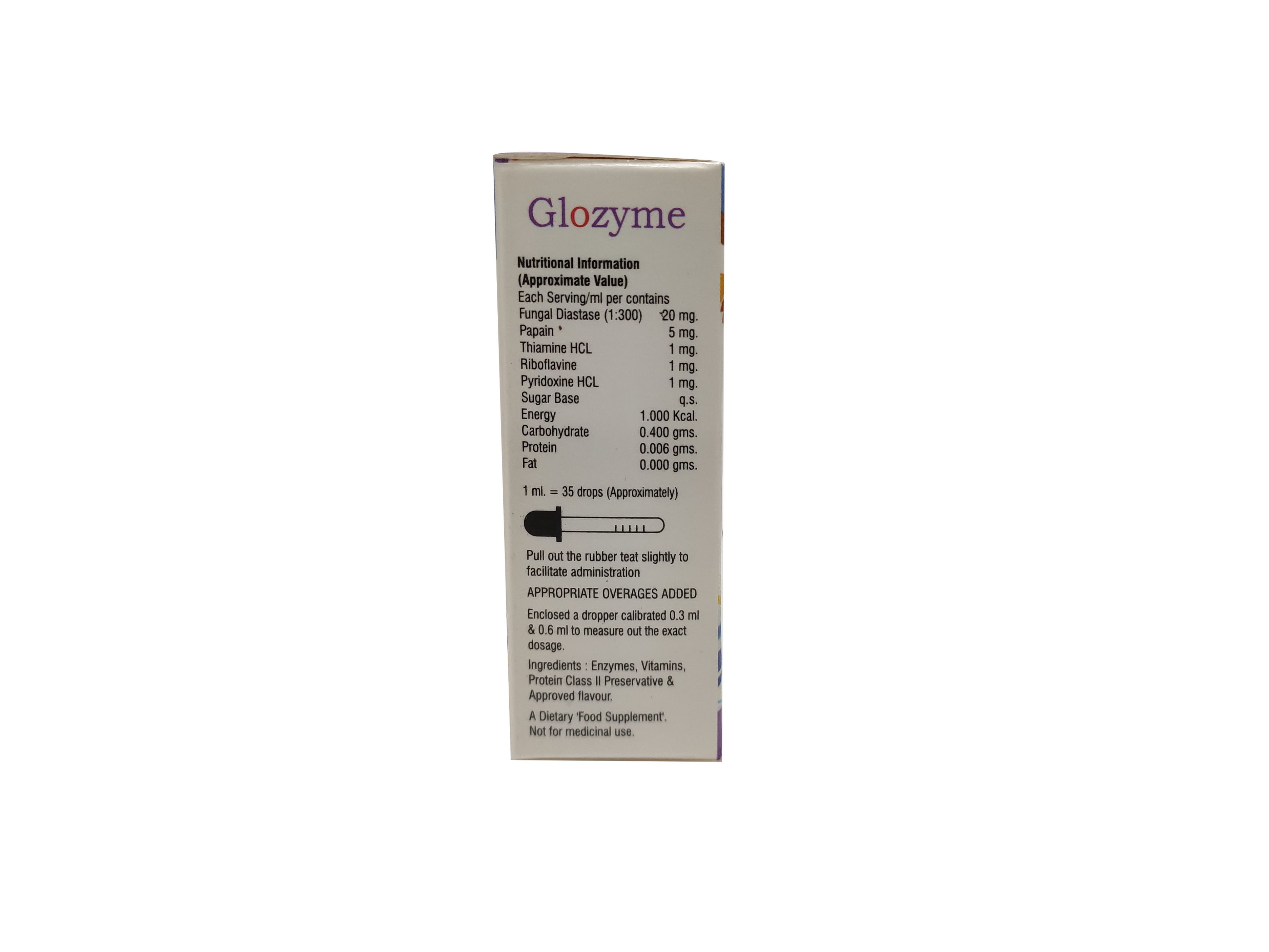 Glozyme Digestive Enzyme Drops - Ingredients: Contains:-
Fungal Diastase (1:3000) 20mg
Papain 5mg
Thiamine Hcl 1mg
Riboflavine 1mg
Pyridoxine 1mg
Sugar Base Q.s.