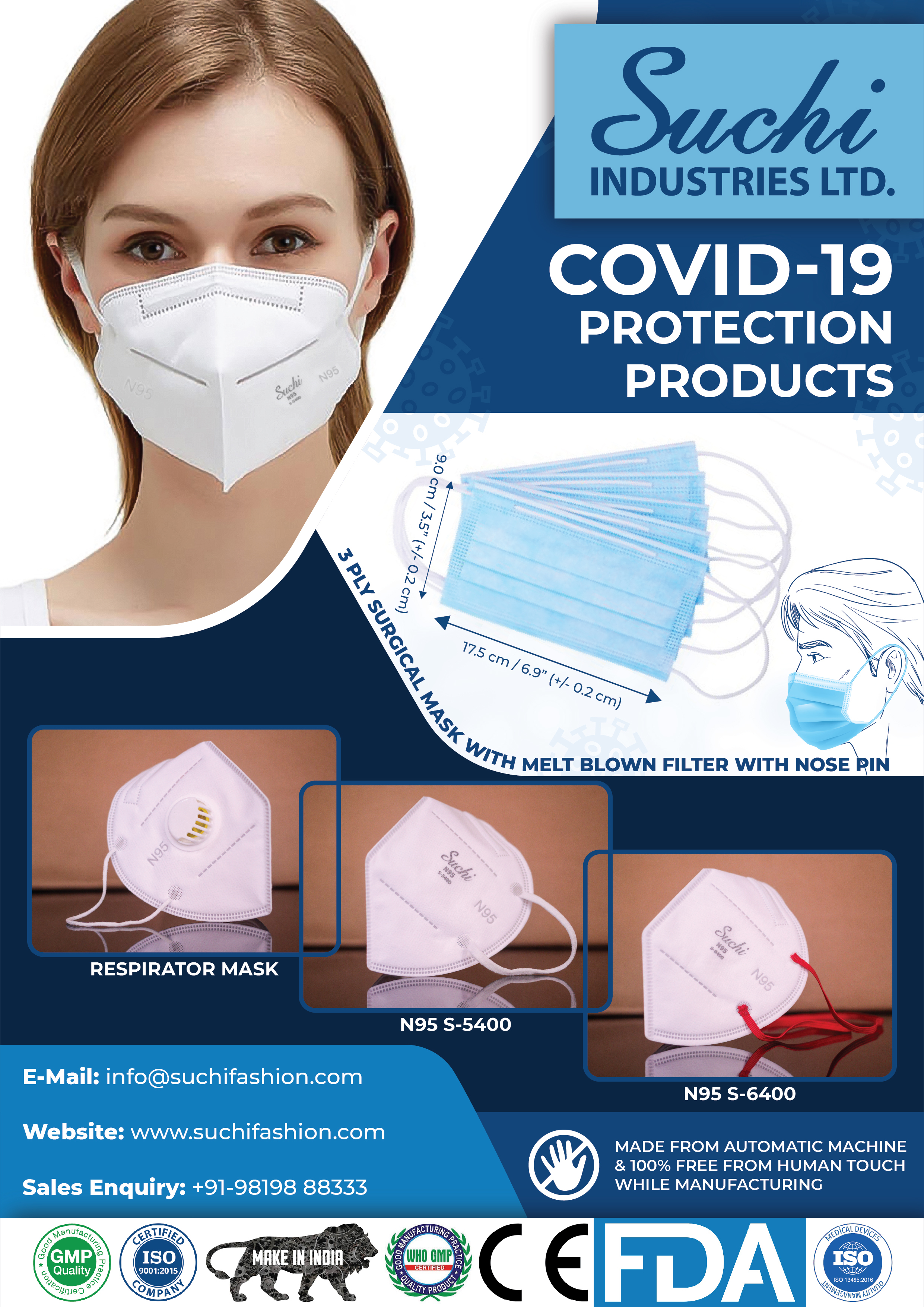 N-95 Respirator Mask - 5 Layers Of Non-woven And Melt-blown Fabrics | 95% Filtration Efficiency, Breathable, Latex-free, Unisex, White Color