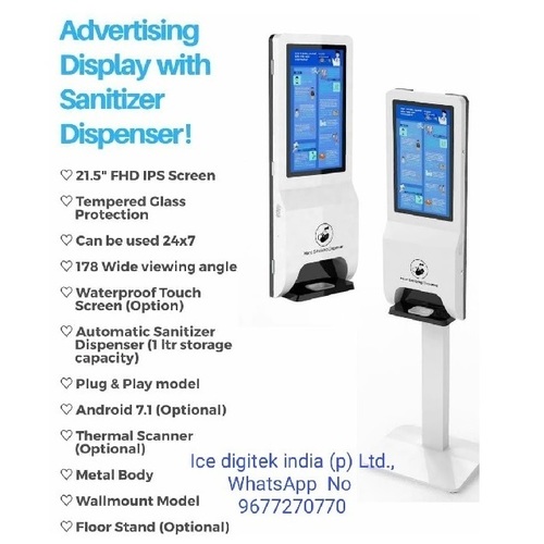 Non Touch Hand Sanitizer Dispenser - 1000 mL Capacity, High Grade ABS Material | 21.5" FHD IPS Screen, Waterproof, Automatic Operation, Optional Thermal Scanner, Wallmount & Floor Stand Models