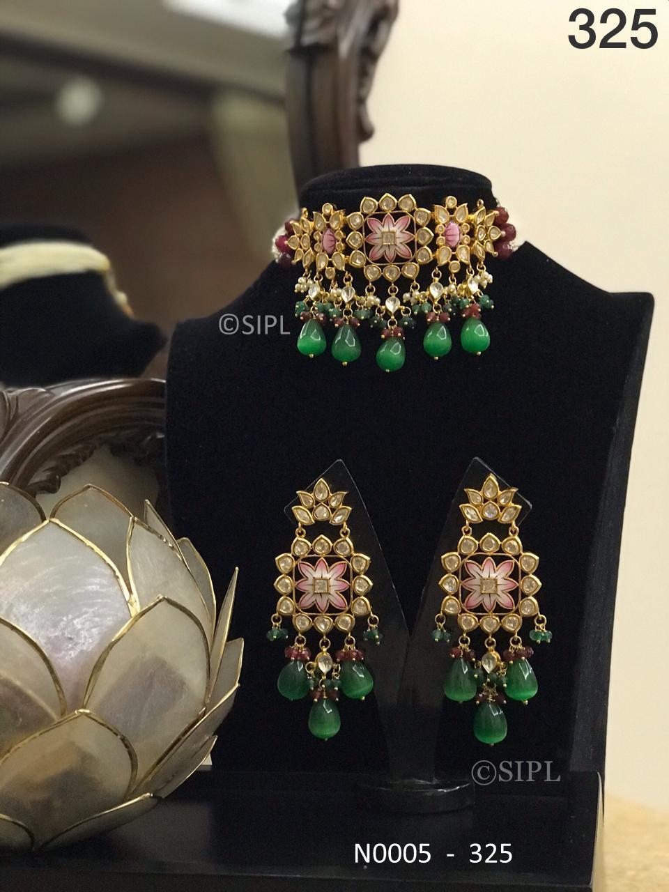 Ahmedabadi Kundan Meenakari Necklace Set - Handmade Brass, 1 Micron Gold Plating, Monalisa Stone With Pearls | Elegant Drop Earrings, Perfect For Weddings And Anniversaries