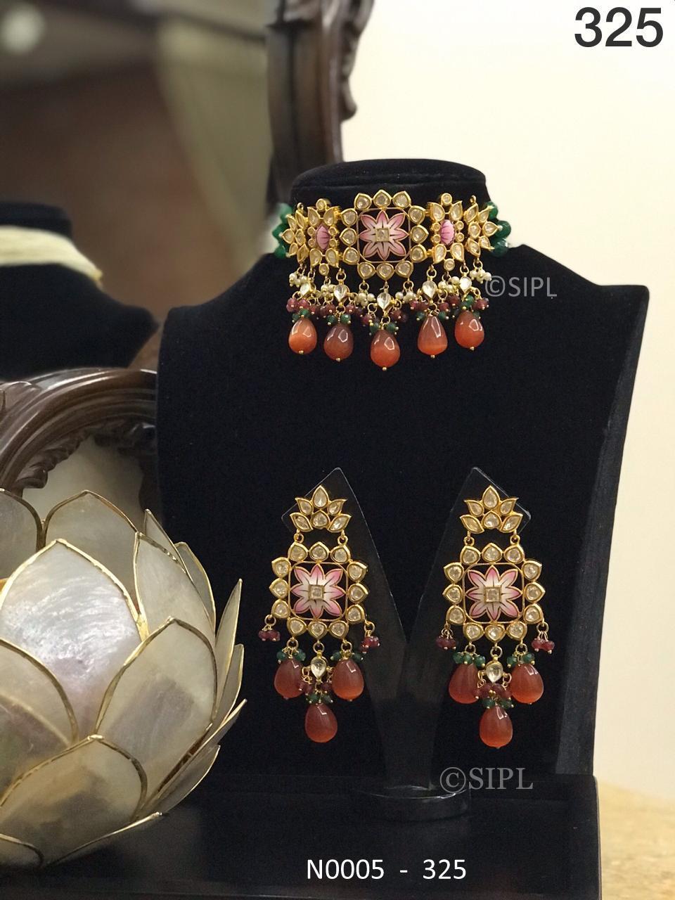 Ahmedabadi Kundan Meenakari Necklace Set - Handmade Brass, 1 Micron Gold Plating, Monalisa Stone With Pearls | Elegant Drop Earrings, Perfect For Weddings And Anniversaries