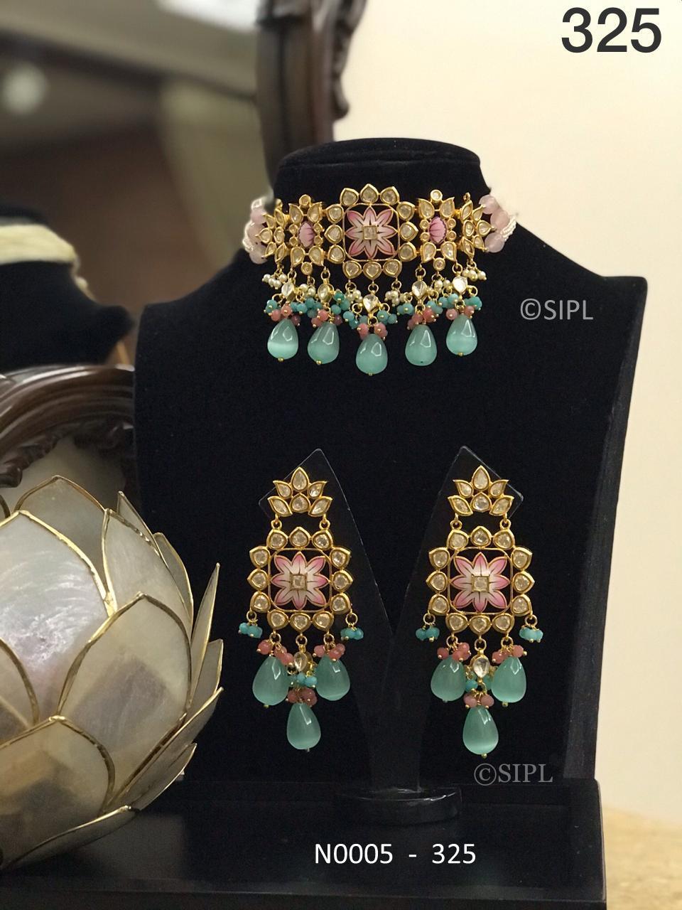 Ahmedabadi Kundan Meenakari Necklace Set - Handmade Brass, 1 Micron Gold Plating, Monalisa Stone With Pearls | Elegant Drop Earrings, Perfect For Weddings And Anniversaries