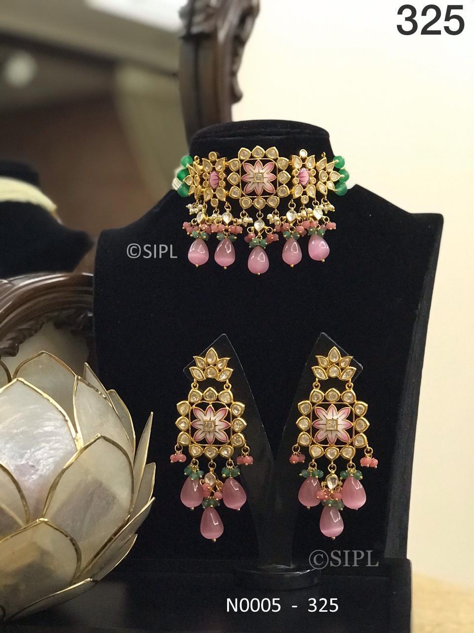 Ahmedabadi Kundan Meenakari Necklace Set - Handmade Brass, 1 Micron Gold Plating, Monalisa Stone With Pearls | Elegant Drop Earrings, Perfect For Weddings And Anniversaries