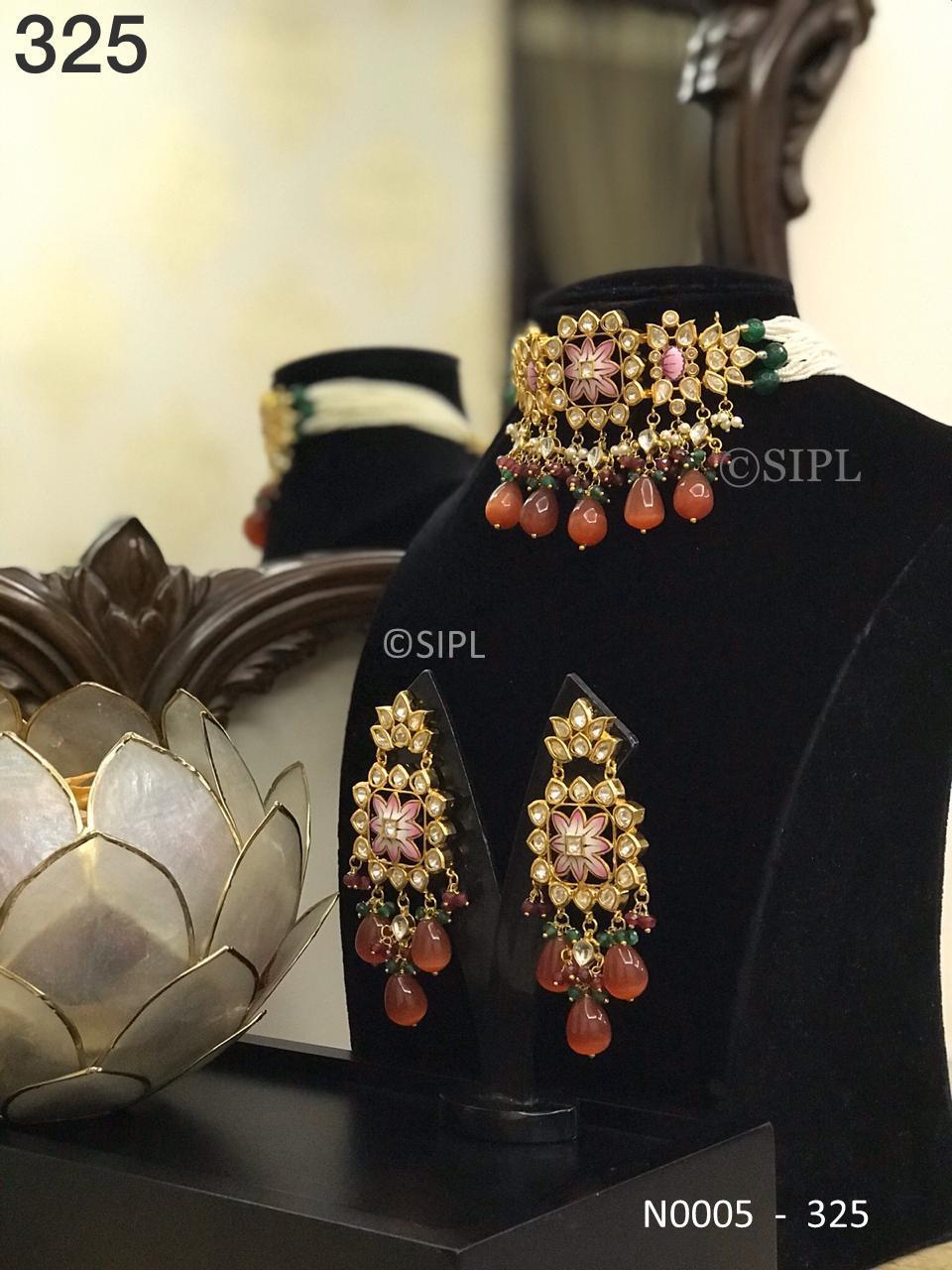Ahmedabadi Kundan Meenakari Necklace Set - Handmade Brass, 1 Micron Gold Plating, Monalisa Stone With Pearls | Elegant Drop Earrings, Perfect For Weddings And Anniversaries
