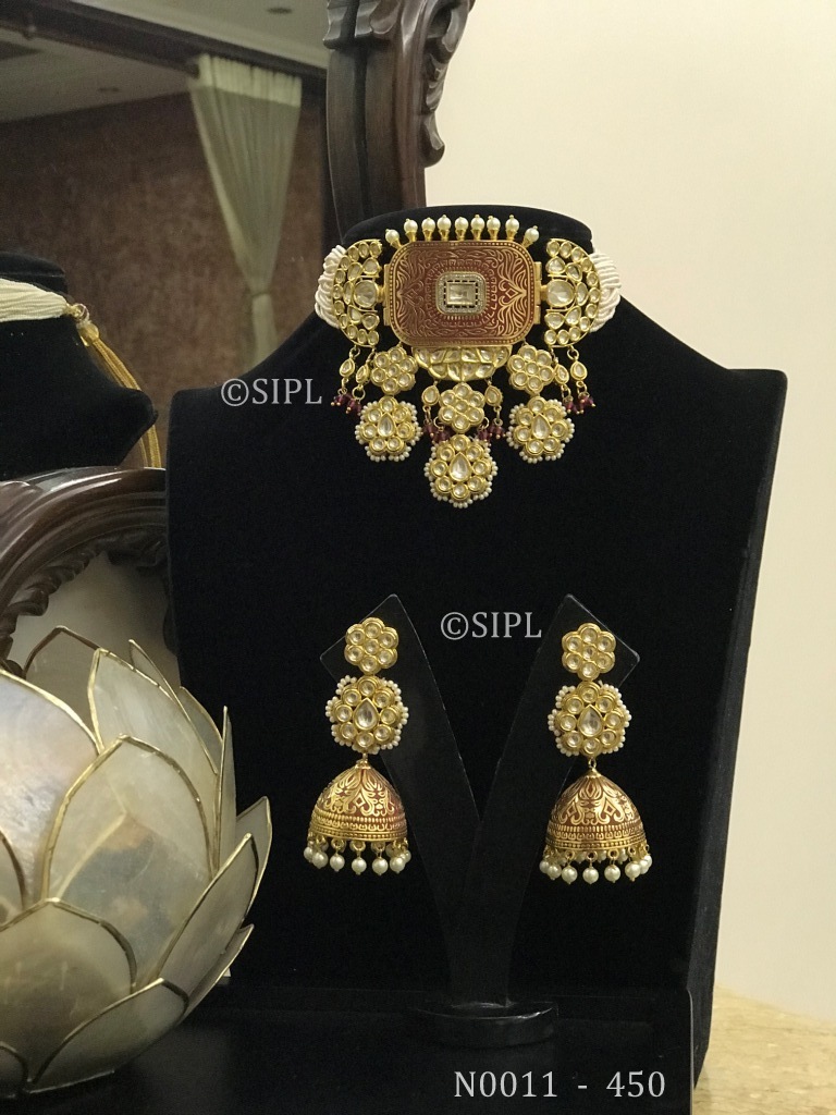 Kundan Meenakari Necklace Set - Handmade Brass, 1 Micro Gold Plating | Featuring Dangle Earrings, Imitation Pearls, Crystal And Onyx Stones, Perfect For Weddings And Anniversaries