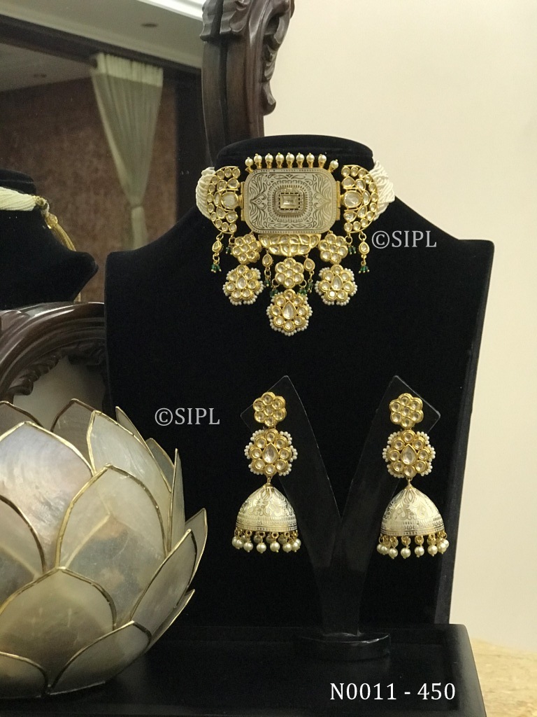 Kundan Meenakari Necklace Set - Handmade Brass, 1 Micro Gold Plating | Featuring Dangle Earrings, Imitation Pearls, Crystal And Onyx Stones, Perfect For Weddings And Anniversaries